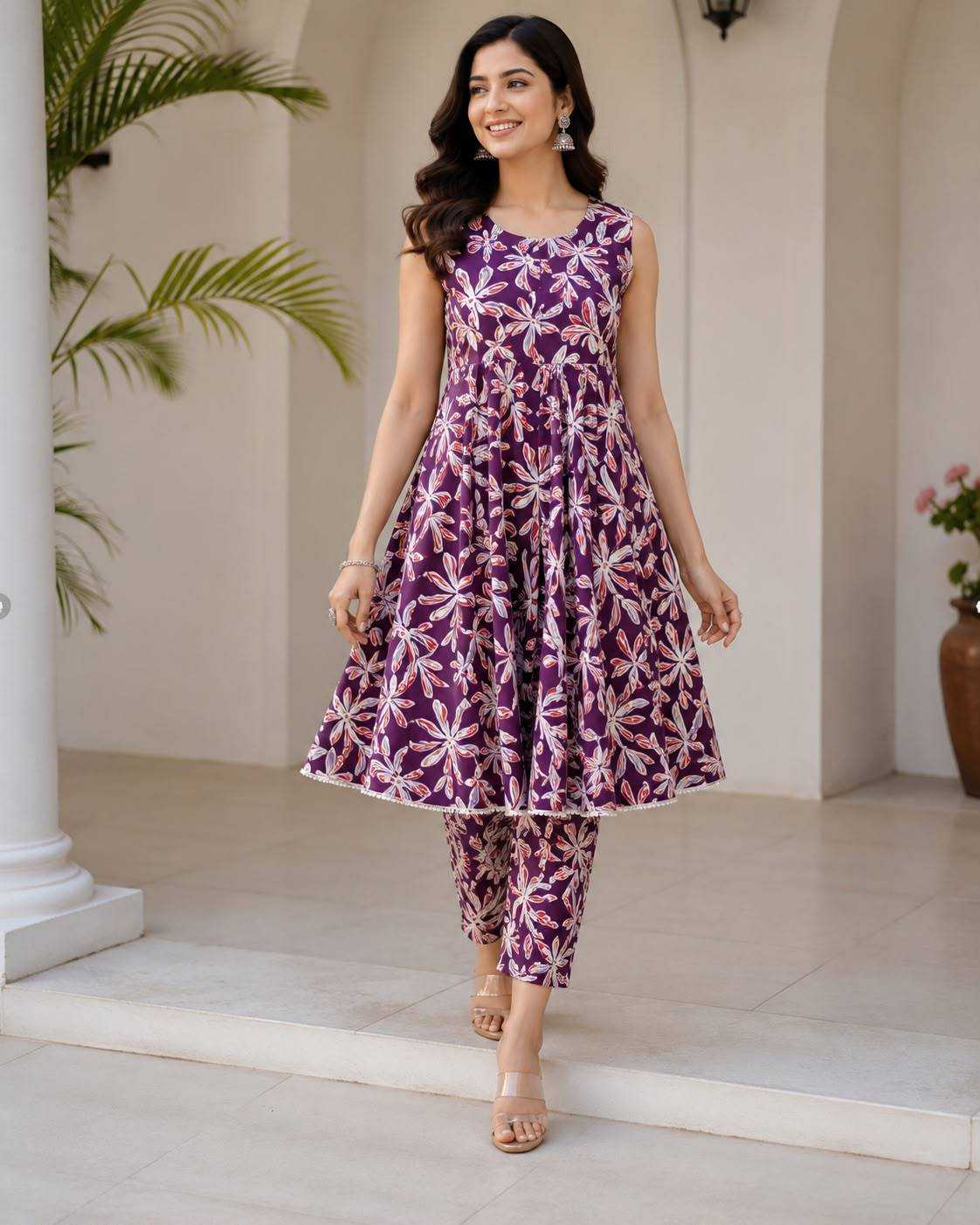 Vmora Trendz Launch Mahima-4 Wholesale | Purple Rayon Printed Anarkali Kurti Set