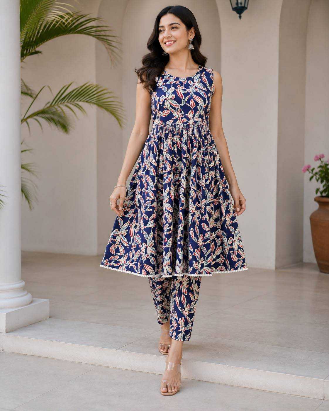 Vmora Trendz Mahima-3 Wholesale | Blue Rayon Printed Anarkali Kurti Set